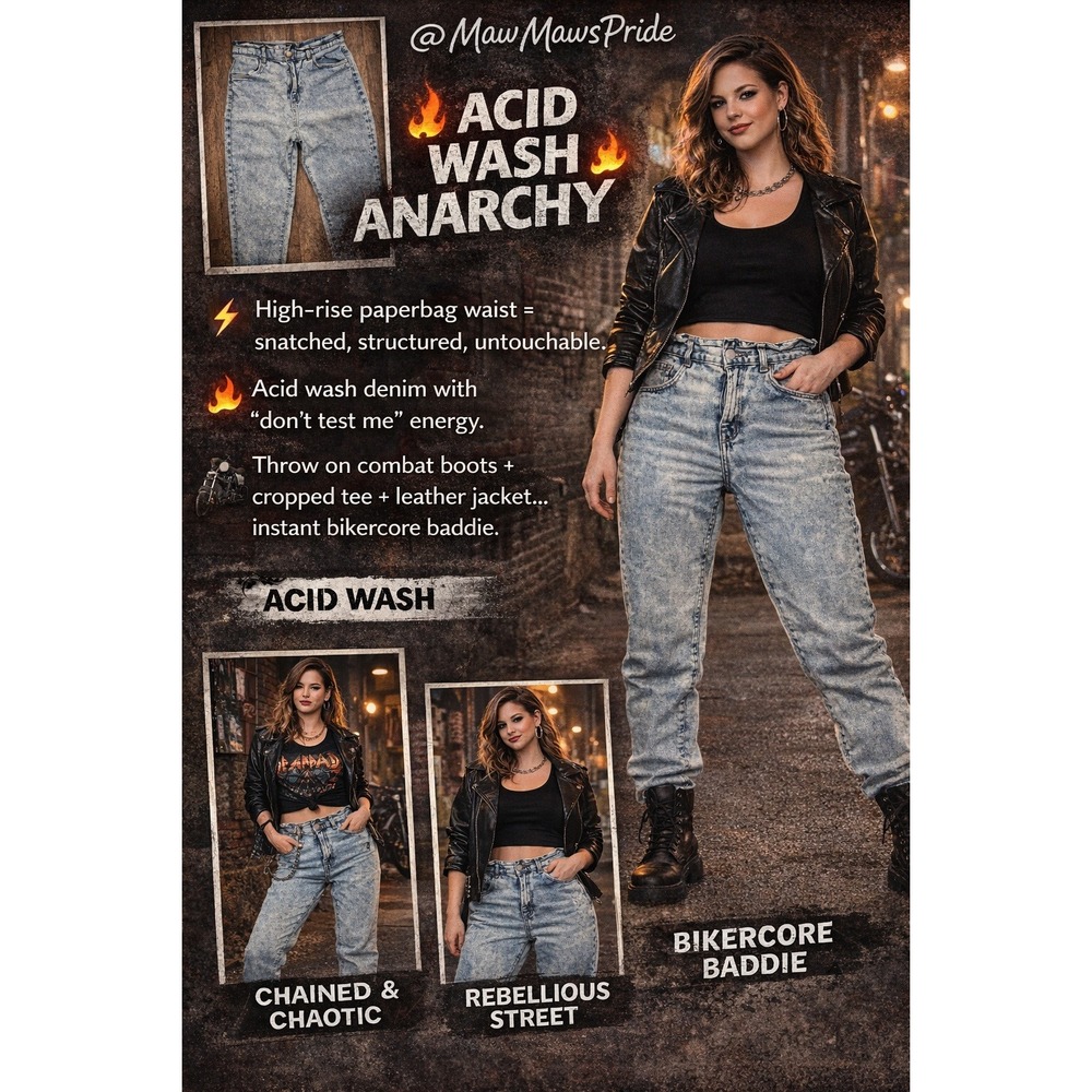 BIKERCORE ACIDWASH ANARCHY Refuge Paperbag High Rise Mom Jeans Blue‎ XL
